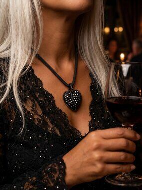 Stunning Sparkly Black Pave Marcasite Puffed Heart Pendant Chain Necklace
